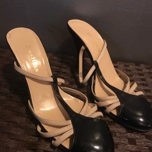 Cole Haan backless camel and black patent heels